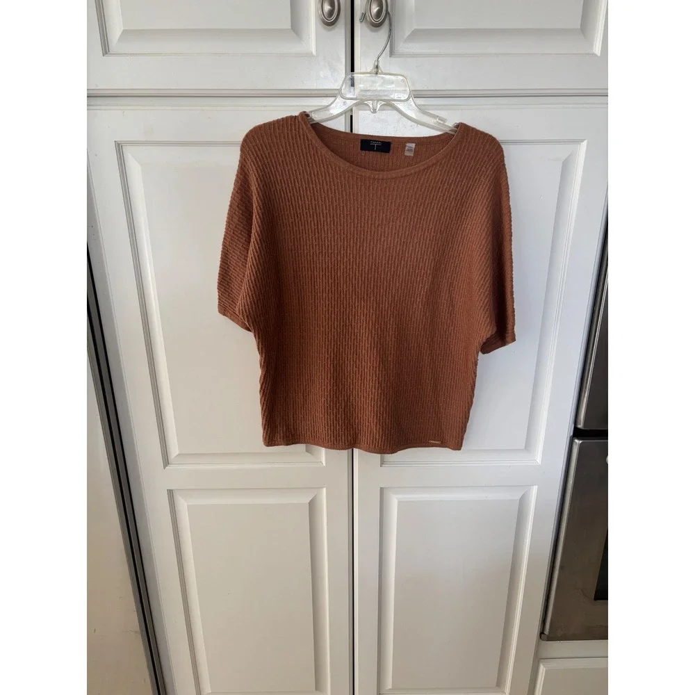 Tahari Women Rust Brown Textured‎ Ribbed Knit Short Sleeve Sweater Top Size M